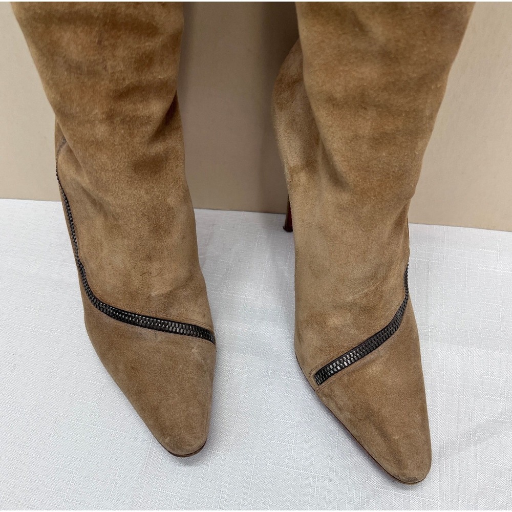 Christian Louboutin Knee High Boots Womens 37 Tan Fair Suede Stiletto Red Sole - Picture 3 of 11